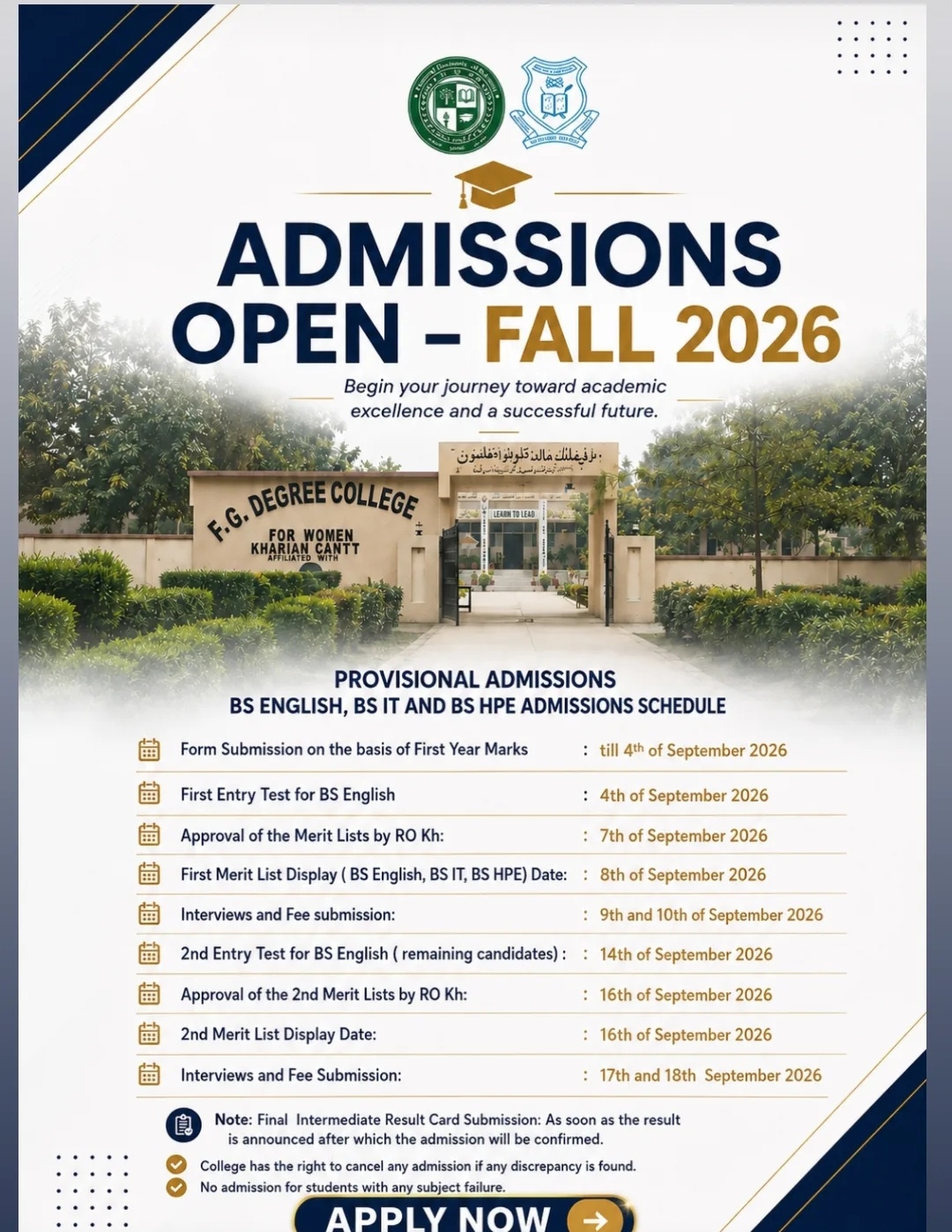 BS Admission Schedule